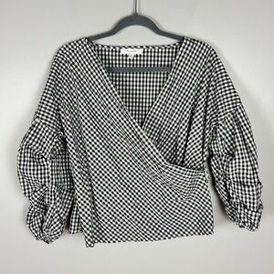 Puff Sleeve Gingham Top Size Med Faux Wrap Black White Cottagecore Picnic Summer